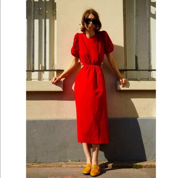 Zara Red Short Puff Sleeve Open back Midi Dress - Picture 4 of 13